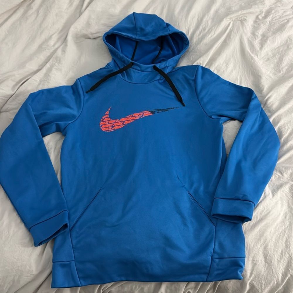 NIKE - Dri Fit Blue Pullover Hoodie Hooded Blue Orange Swoosh - Mens Small